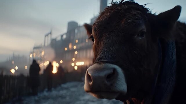 A close-up of a dark brown cow looking intently at the camera, set against a blurred, dystopian background of large industrial structures and numerous warm, glowing bokeh lights at dusk.
