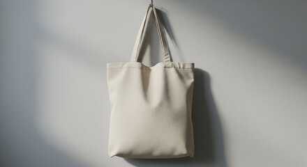 Sac fourre-tout en coton beige suspendu contre un mur, maquette de sac écologique vierge avec espace pour design
