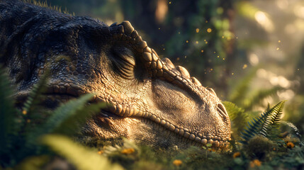 A sleeping Tyrannosaurus Rex dinosaur in a summer forest, a large prehistoric predator resting on moss, a peaceful ancient wildlife scene, a nature background.