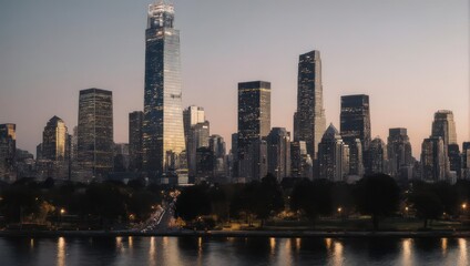 Fototapeta premium New York City skyline at dusk reflecting in water.