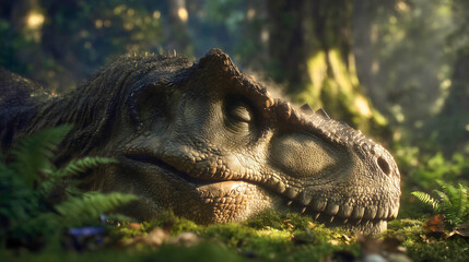 A sleeping Carnotaurus dinosaur in a lush forest, a close-up of a horned prehistoric predator resting on ferns, an ancient wildlife concept with warm lighting.