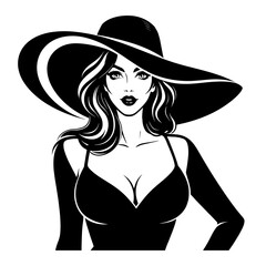Elegant Woman Portrait Illustration , Black and White Line Art of Fashion Model with Wide Brim Hat in Retro Vintage Style