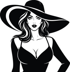 Elegant Woman Portrait Illustration , Black and White Line Art of Fashion Model with Wide Brim Hat in Retro Vintage Style