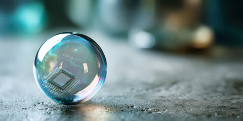 Microchip bubble translucent macro technology sphere with reflective surface and soft mood
