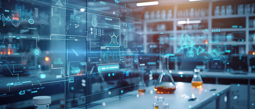 Futuristic laboratory scene with glass bottles, neon lighting and digital interface overlays, creating a modern scientific atmosphere with technology, research and innovation elements. - Powered by Adobe