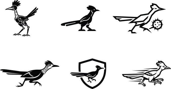Collection of six black and white roadrunner vector illustrations featuring running poses and angry bird head profiles for logos.