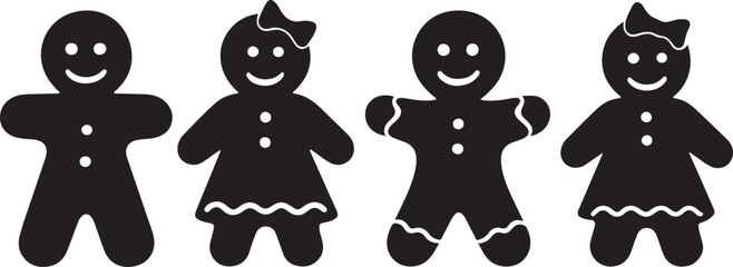 PrintGingerbread man and woman cookies silhouette illustration, festive holiday cookie design on brown background