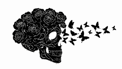 Dark roses bloom from a skull as butterflies take flight, symbolizing transformation and freedom.
