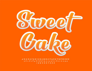 Obraz premium Vector Tasty label Sweet Cake for Cafe and Shop. Beautiful Orange Font. Stylish Cursive Alphabet Letters and Numbers set.