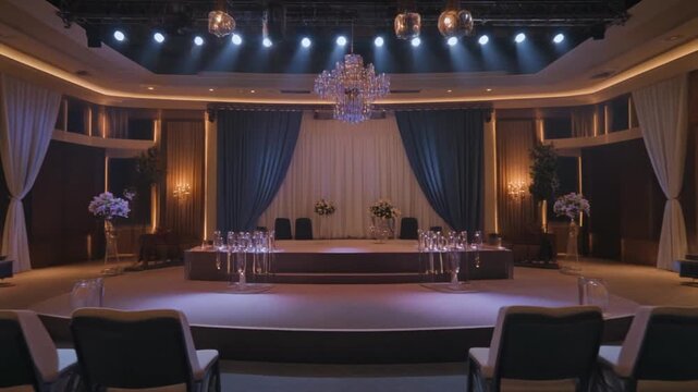 Elegant empty conference hall with stage and rows of chairs