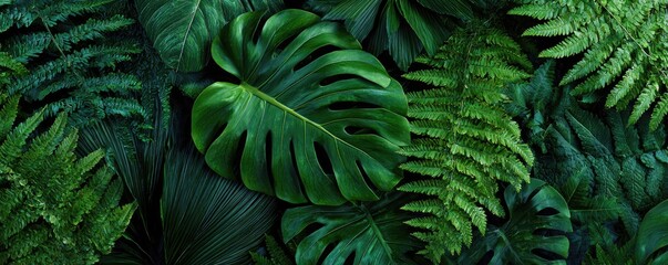 Lush tropical leaves in deep green tones