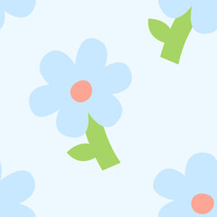 Seamless Cute Floral Pattern with Blue Flowers on Light Blue Background
