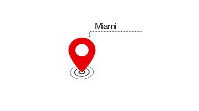 Miami GPS Map pin Location Animation with Digital Navigation Pointer on transparent background. Miami map label with location pin symbol. Moscow city map with destination location concept
