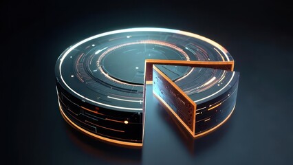 Futuristic 3D pie chart with a detached segment, glowing elements against dark background