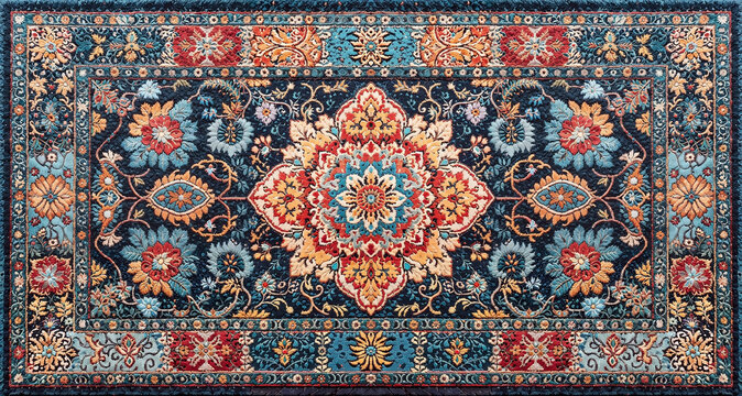 Ornate persian rug with floral medallion pattern and rich blue red colors traditional textile design decorative interior background