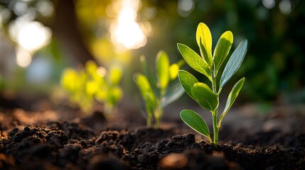Young Green Plant Sprouting from Rich Soil Bathed in Golden Sunlight.