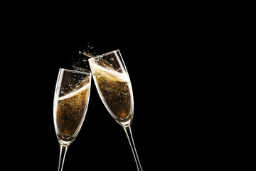 Two champagne flutes clinking in a festive toast. Golden bubbles and splashes against a dramatic black background. Elegant celebration, New Year, or wedding concept with copy space.