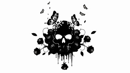 Darkly artistic skull adorned with black roses and fluttering butterflies, a symbol of gothic beauty.