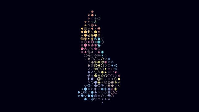Liechtenstein map animation. Shape of the country with pulsating colored dots. Large size circle blocks. Digital style Liechtenstein map on dark background. Abstract video.