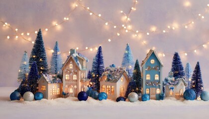 Fototapeta premium Illuminated miniature village displays charming winter holiday decorations in soft light