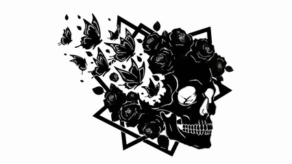 Dark artistic skull dissolving into butterflies and roses within geometric shapes.