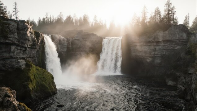Majestic Twin Waterfalls Flowing Through Lush Green Forest with Sun Rays.
