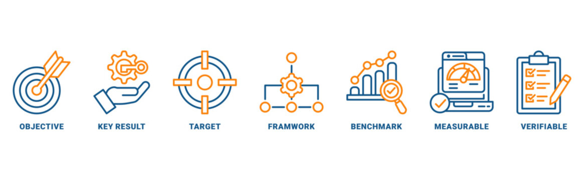 OKR (objectives key results) icon set vector concept with icon of objective, key results, target, framework, benchmark, measurable, verifiable