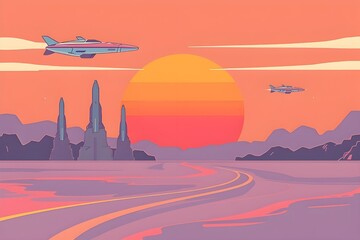Retro style flat design of a cosmic landscape with rockets and a giant sun on the horizon.