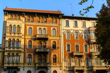 Old residential buildings along Via Ariosto in Milan, Italy