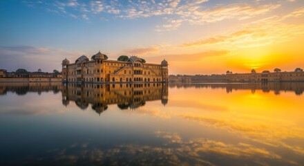 Naklejka premium Sunrise Over Water Palace: Witness the majestic water palace mirrored in the tranquil lake at dawn, with the sun's warm hues painting the sky.