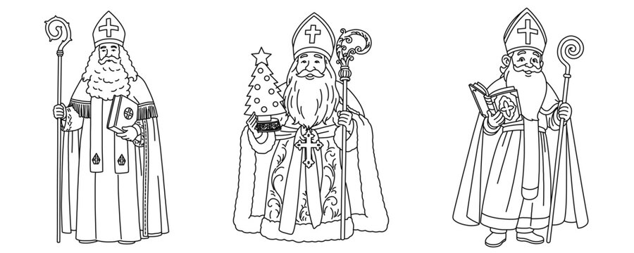 Hand drawn line of sinterklaas - sint nicholas, Saint nicholas day theme,Winter dutch or belgium holiday,Vector isolated minimalline art illustration. 