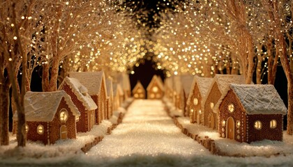 Edible miniature village scene glows with warm string lights lining a snowy path