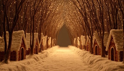 Whimsical pathway lined with small snow-covered cottages illuminated by overhead fairy lights
