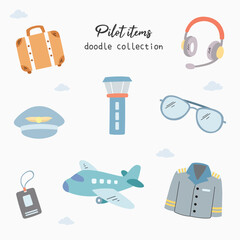 Cute pilot items doodle vector isolated cartoon. Clip art of airplane, travel, suitcase, glasses, sky, cloud for asset, sticker, print, design, poster