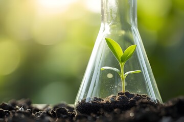 Small green plant growing in a laboratory flask representing biotechnology and sustainable science.