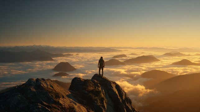 Silhouette of a person standing on a mountain peak, overlooking a sea of clouds, illuminated by warm, golden sunrise