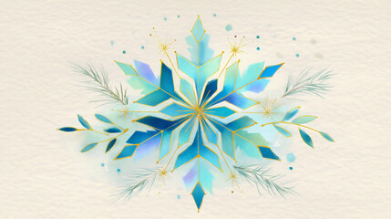 Watercolor snowflake illustration with gold accents and pine branches, blue and purple winter design element on textured paper, artistic Christmas card concept.