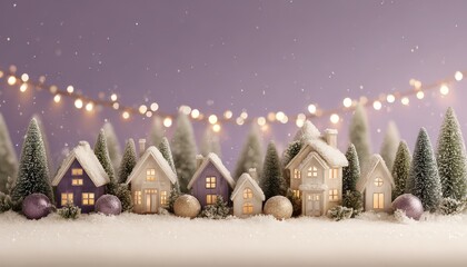 Miniature winter village scene displays festive illumination against a soft lavender sky