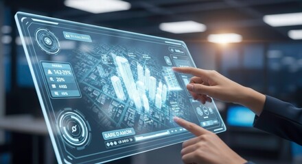 Innovation at your Fingertips: A close-up showcases a modern interface design, with hands interacting with the digital world, creating innovative technology.