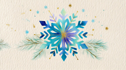 Detailed watercolor snowflake with blue and purple gradients, ornate winter mandala with gold dust, symmetrical artistic illustration on paper background.
