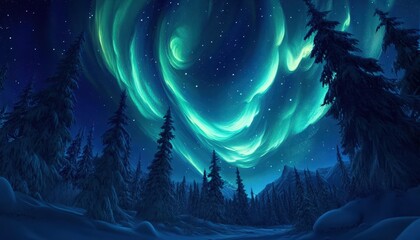 Brilliant emerald light dances across a starry night sky above a snowy forest