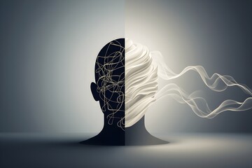 Abstract depiction of a brain divided into chaotic thoughts and calm neural network for mental health awareness.