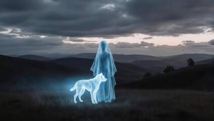 Ethereal spectral figure and dog glow with light amidst a serene, mountainous landscape