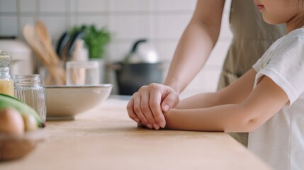 Adult guiding childs hands during quiet kitchen activity. Autism awareness concept highlighting parental support, learning through touch, routine and nurturing, inclusive family moment