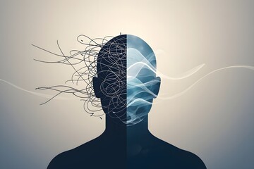 Abstract depiction of a brain divided into chaotic thoughts and calm neural network for mental health awareness.