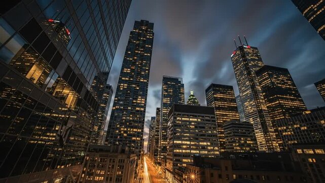 Time lapse of Toronto's mesmerizing skyline at night, illuminated skyscrapers and moving clouds