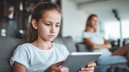 Autistic girl using tablet at home, focused on digital activity. Child with autism spectrum disorder engaging with assistive technology in living room. Neurodiversity and learning support concept