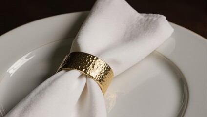 Elegant Table Setting - White Napkin with Gold Napkin Ring on Plate.