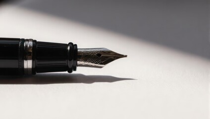 Elegant fountain pen close-up on white surface with shadow.