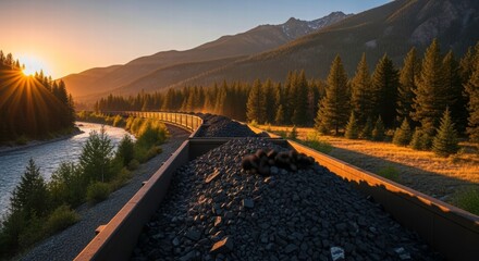 Coal Train Journey: A freight train car filled with coal snakes its way through a scenic mountainous landscape, carrying its valuable cargo as the sun sets over the river and pine forest.